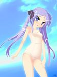  bare_shoulders blue_eyes blush breasts cloud collarbone covered_navel day embarrassed hair_ribbon hiiragi_kagami long_hair lucky_star natsumiya_yuzu navel nipples one-piece_swimsuit open_mouth outdoors purple_hair ribbon school_swimsuit see-through sky small_breasts solo swimsuit thighs tsurime twintails white_school_swimsuit white_swimsuit 