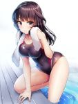  1girl agatsuma_kaede alice_gear_aegis bangs black_eyes black_hair black_swimsuit breasts collarbone competition_swimsuit covered_navel doyouwantto dripping eyebrows_visible_through_hair highres large_breasts long_hair looking_at_viewer one-piece_swimsuit pool poolside shiny shiny_hair smile solo swimsuit taut_clothes taut_swimsuit towel towel_around_neck wet wet_clothes wet_swimsuit white_towel 