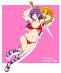 athena_(series) bikini princess_athena purple_hair red_bikini ribbon shield shirayuki_shoushirou snk solo swimsuit sword weapon yellow_eyes 