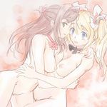  blonde_hair blue_eyes bow bowtie breasts green_eyes highres large_breasts michael multiple_girls nude original red_hair twintails yuri 