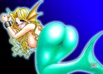  ass aulbath bdsm blonde_hair blue_background blush bondage bound bound_wrists breasts cuffs densuke_(heppoko_dou) genderswap genderswap_(mtf) hair_intakes head_fins large_breasts looking_at_viewer looking_back mermaid midnight_bliss monster_girl nipples nude purple_eyes solo sweatdrop tears vampire_(game) wavy_hair 