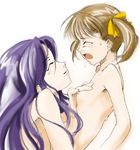  blush breasts brown_hair closed_eyes fukuzawa_yumi hair_ribbon long_hair maria-sama_ga_miteru multiple_girls nipple_tweak nipples nude ogasawara_sachiko profile purple_hair ribbon short_hair small_breasts smile suzuki_kyoutarou twintails upper_body white_background yuri 