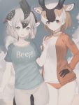  2girls animal_ears arm_at_side bare_arms bird_tail bird_wings black_hair brown_eyes brown_hair buruma closed_mouth clothes_writing collarbone extra_ears eyebrows_visible_through_hair gloves greater_roadrunner_(kemono_friends) grey_eyes grey_hair hair_between_eyes hair_tubes hand_on_hip hand_up head_wings highres horns jacket kemono_friends long_sleeves looking_at_viewer mochorinpun mohawk multiple_girls open_clothes open_jacket open_mouth outdoors pronghorn_(kemono_friends) shirt short_hair short_sleeves shorts sidelocks smile star tail upper_body white_hair wings 