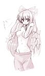  bangs bow breasts fujiwara_no_mokou groin hair_bow long_hair medium_breasts monochrome navel nipples no_panties pants seo_tatsuya solo topless touhou 