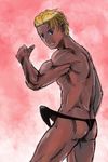  ass back blonde_hair blue_eyes bulge dark_skin dark_skinned_male erection from_behind fundoshi guin_sard_lineford gundam japanese_clothes male_focus male_thong michael muscle penis_peek shirtless smile solo thumbs_up turn_a_gundam 