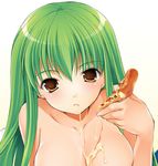 azuma_yuki bangs breasts c.c. cheese_trail cleavage code_geass collarbone eating food green_hair holding holding_pizza large_breasts long_hair looking_at_viewer nude pizza simple_background slice_of_pizza solo upper_body white_background yellow_eyes 