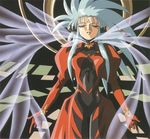  90s blue_hair facial_mark forehead_mark light_hawk_wings official_art ryouko_(tenchi_muyou!) scan solo spiked_hair tenchi_muyou! wings yellow_eyes 