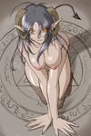  antenna_hair arm_support barefoot breasts demon_girl demon_tail feet from_above grey_hair hands horns kneeling large_breasts long_hair magic_circle mita_kurumi navel nipples nude orange_eyes original pointy_ears sketch smile solo tail tan thigh_gap wading 