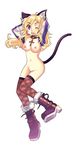  animal_ears blonde_hair boots cat_(trickster) cat_ears cat_tail fang highres long_hair nude nude_filter one_eye_closed purple_eyes solo tail thighhighs third-party_edit trickster 
