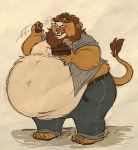  anthro belly belly_overhang big_belly big_butt butt cake chubby_cheeks claws clothed clothing eyes_closed felid food fur holding_food holding_object hyper hyper_belly lion love_handles male mammal mane midriff moobs morbidly_obese obese obese_male open_mouth open_shirt overweight overweight_male pantherine sharpt00th solo standing thick_thighs toe_claws wide_hips yawn 