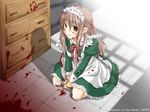  apron blood blood_on_face blood_splatter bloody_clothes bloody_hands bloody_knife bloody_weapon bow brown_eyes brown_hair dress frills hair_bow kneeling knife long_hair maid maid_headdress original pink_bow smile solo wasabi_ruo weapon yandere 