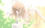  antenna_hair bent_over breasts brown_eyes brown_hair copyright_request dress drinking drinking_fountain hair_ornament hairclip hairpin kuroda_akimi leaf nipple_slip nipples no_bra small_breasts solo strap_slip water wind yellow_dress 