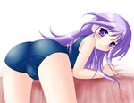  :3 ass bent_over blush bulge crossdressing from_behind happiness! long_hair looking_back male_focus neopure one-piece_swimsuit otoko_no_ko purple_eyes purple_hair school_swimsuit smile solo swimsuit watarase_jun 