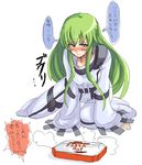  bangs blush bodysuit c.c. closed_mouth code_geass expressionless full_body green_hair kurosho long_hair long_sleeves looking_at_viewer nose_blush pizza_hut product_placement robe sidelocks sitting solo white_bodysuit wide_sleeves yellow_eyes yokozuwari 