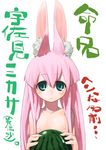  animal_ears bunny_ears flat_chest food fruit green_eyes holding holding_food holding_fruit long_hair nude original pink_hair solo unaji watermelon 