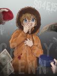  1boy blonde_hair blood blood_splatter blue_eyes cup dollar_bill haizai highres hood hood_up kenny_mccormick open_mouth parka short_hair solo_focus south_park vomiting 