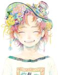  1girl closed_eyes earrings flower hat jewelry open_mouth original pink_flower red_hair runta shirt short_hair simple_background smile solo traditional_media upper_body watercolor_(medium) white_background white_shirt 