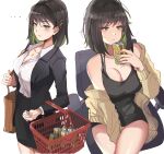  ... 1girl alcohol bag bangs bare_shoulders beer beer_can black_hair blush breasts brown_eyes can cleavage colored_inner_hair dress earrings green_hair highres jacket jewelry large_breasts long_sleeves medium_hair miru_(ormille) mole mole_on_breast mole_under_eye multicolored_hair necklace off_shoulder office_lady original ormille shopping_basket simple_background spaghetti_strap stud_earrings swept_bangs tote_bag two-tone_hair white_background 