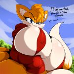  1:1 2021 2_tails anthro big_breasts black_nose blue_eyes breasts canid canine clothed clothing crossgender dialogue digital_media_(artwork) dipstick_tail english_text eyebrows female fox fur head_tuft hi_res huge_breasts hyper hyper_breasts mammal miles_prower mostly_nude mtf_crossgender multi_tail multicolored_tail nipple_outline orange_body orange_fur outside skimpy solo sonic_the_hedgehog_(series) suirano sweater text topwear tuft 
