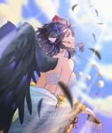  1girl absurdres alucard_pie back bare_shoulders bird_wings black_hair black_wings blue_sky breasts brown_eyes cloud day feathered_wings floating_hair hat highres huge_filesize japanese_clothes medium_breasts medium_hair outdoors profile red_headwear sarashi shameimaru_aya sky solo sunlight tokin_hat touhou wind wings 