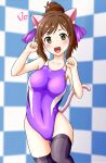  1girl animal_ears black_legwear blurry breasts brown_hair cat_ears cat_tail checkered checkered_background competition_swimsuit cowboy_shot depth_of_field fangs green_eyes haruno_yomogi highres idolmaster idolmaster_cinderella_girls looking_at_viewer maekawa_miku medium_breasts one-piece_swimsuit paw_pose ponytail purple_swimsuit solo standing standing_on_one_leg swimsuit tail thighhighs 