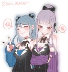  2girls alternate_costume alternate_hairstyle artist_name bangs bare_shoulders black_bow black_nails black_ribbon blue_hair blue_sleeves blush bow braid breasts cleavage closed_eyes commentary_request danganronpa:_trigger_happy_havoc danganronpa_(series) detached_collar detached_sleeves double_bun earrings grin hair_bow hair_bun hair_ornament hair_ribbon hairclip hand_up highres jewelry kirigiri_kyouko light_frown long_hair long_sleeves looking_down maizono_sayaka medium_breasts multiple_girls nail_polish pink_sleeves ribbon side_braid smile speech_bubble spoken_squiggle squiggle tuteurfars_shin v 