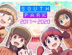  5boys beanie black_hair blonde_hair blue_eyes brothers brown_hair brown_jacket eric_cartman gloves green_eyes haizai hat ike_broflovski jacket kenny_mccormick kyle_broflovski multiple_boys orange_jacket parka red_hair red_jacket short_hair siblings smile south_park stan_marsh 