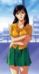  1990s_(style) 1girl arm_grab arms_under_breasts brown_eyes brown_hair city cowboy_shot day green_skirt highres kurihara_mari long_hair looking_at_viewer official_art open_mouth retro_artstyle scan short_sleeves skirt solo super_real_mahjong tanaka_ryou 