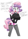  anthro clothing cutie_mark dialogue english_text equid equine female flutterthrash friendship_is_magic hi_res horn jacket leather leather_clothing leather_jacket leather_topwear legwear mammal my_little_pony panties solo stockings sweetie_belle_(mlp) text topwear underwear unicorn 
