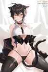  animal_ears black_legwear breasts cat_ears cat_tail cleavage cleavage_cutout clothing_cutout collar corset crop_top highres jaeyun large_breasts leaning_back navel original short_hair sitting spread_legs tail thighhighs thong 