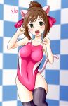  1girl animal_ears black_legwear blurry breasts brown_hair cat_ears cat_tail checkered checkered_background competition_swimsuit cowboy_shot depth_of_field fangs green_eyes haruno_yomogi highres idolmaster idolmaster_cinderella_girls looking_at_viewer maekawa_miku medium_breasts one-piece_swimsuit paw_pose ponytail red_swimsuit solo standing standing_on_one_leg swimsuit tail thighhighs 