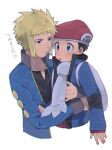  2boys age_difference backpack bag black_shirt blonde_hair blue_eyes blue_jacket blush closed_mouth commentary_request eye_contact gym_leader hat heart hug jacket long_sleeves looking_at_another lucas_(pokemon) male_focus multiple_boys open_clothes open_jacket oshi_taberu pokemon pokemon_(game) pokemon_dppt red_headwear scarf shirt simple_background spiked_hair sweatdrop translation_request volkner_(pokemon) white_background yaoi 