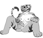  absurd_res anthro aunt_maire bedroom_eyes bodily_fluids breasts dreamworks felid female fur genital_fluids genitals greyscale hi_res kung_fu_panda looking_at_viewer mammal master_tigress monochrome narrowed_eyes nipples nude pantherine presenting presenting_pussy pussy pussy_juice seductive sitting solo striped_body striped_fur stripes tiger 