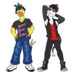  anthro anthrofied boots bottomwear clothed clothing denim denim_clothing drumstick_(percussion) duo footwear full-length_portrait fully_clothed fuze galarian_linoone grin hands_behind_head hi_res jeans male nintendo pants pok&eacute;mon pok&eacute;mon_(species) pok&eacute;morph portrait punk regional_form_(pok&eacute;mon) shirt shoes simple_background smile sneakers t-shirt tank_top thwackey topwear vest video_games white_background 