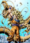  1boy ankle_boots blonde_hair blue_background blue_footwear blue_wristband boots building clenched_hands closed_mouth dougi dragon dragon_ball dragon_ball_z emphasis_lines feet_out_of_frame floating_rock gradient gradient_background green_eyes hand_up highres legs_apart long_hair looking_at_viewer male_focus no_eyebrows open_mouth pants paws pectorals rock serious sharp_teeth shirt simple_background son_goku spiked_hair standing super_saiyan super_saiyan_3 teeth torn_clothes torn_pants torn_shirt very_long_hair whiskers wristband youngjijii 