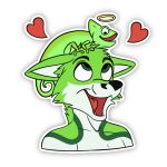  &lt;3 anthro black_nose blakefox canid canine chameleon digital_media_(artwork) fidget_the_fox fox fur green_body green_eyes green_fur hair halo lizard looking_at_another love male mammal memories reptile scalie simple_background sitting_on_head smile solo telegram telegram_stickers tongue white_body white_fur 