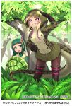  2girls african_rock_python_(kemono_friends) animal_print arm_up bangs bare_shoulders black_gloves blonde_hair blunt_bangs boots border company_name copyright day drawstring elbow_gloves eyebrows_visible_through_hair fern furrowed_eyebrows gloves green_hair green_skirt grin hand_on_hip happa_(cloverppd) hood hood_up hooded_jacket jacket kemono_friends knee_boots leaning_forward long_hair long_sleeves looking_afar looking_at_another microskirt multicolored_hair multiple_girls necktie official_art open_mouth outdoors plant pleated_skirt print_jacket purple_eyes purple_hair red-eared_slider_(kemono_friends) red_hair shading_eyes shirt sidelocks skirt sleeveless sleeveless_shirt smile snake_tail snakeskin_print standing tail tree turtle_shell two-tone_hair undershirt vest zipper 