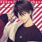  1boy ;) album_cover bangs bird black_hair black_shirt bremen charm_(object) chicken commentary_request company_name cover diagonal_stripes earrings fingernails hair_between_eyes hanajima_kanato hand_up jacket jewelry looking_at_viewer male_focus mashima_shima mole mole_under_mouth necklace official_art one_eye_closed open_clothes open_jacket outline parted_lips pendant red_background red_eyes rooster second-party_source shirt short_hair sleeves_past_wrists smile solo star_(symbol) starry_background striped striped_background upper_body white_jacket white_outline 