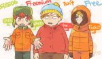  3boys blonde_hair blue_eyes brown_hair eric_cartman fur_hat haku_le hat hood hood_up jacket kenny_mccormick kyle_broflovski male_focus multiple_boys orange_jacket parka red_hair red_jacket short_hair south_park ushanka 