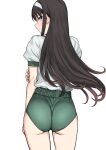  1girl ass back bangs blue_eyes blush brown_hair buruma green_buruma hairband highres long_hair looking_at_viewer looking_back shirt short_sleeves thighs tohno_akiha tsukihime tsurui white_hairband white_shirt 