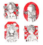  4girls autumn_leaves collared_shirt flower glasses hand_up long_hair long_sleeves monochrome multiple_girls original pinecone red_background runta shirt short_hair spider_lily tomato upper_body white_eyes 