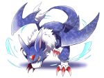 body_fur claws commentary_request digimon digimon_(creature) dorugamon facial_mark fangs fangs_out forehead_mark full_body looking_down moka-momaka no_humans shadow sharp_teeth simple_background solo tail teeth white_background white_fur wings 