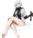  1girl absurdres bangs bar_censor barefoot black_gloves black_legwear breasts censored dokomon elbow_gloves erection feet footjob girls_frontline gloves handjob highres jacket large_breasts penis penis_in_thighhigh purple_eyes rpk-16_(girls_frontline) short_hair short_sleeves silver_hair sitting solo_focus thighhighs_removed white_jacket 