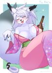  2021 4_fingers alcohol anthro asian_clothing beverage big_breasts blush bodily_fluids breasts canid canine cleavage clothed clothing drooling drunk ear_tuft east_asian_clothing eyes_closed female fingers fluffy fluffy_tail fox fur hair hi_res japanese_clothing kemono kimono mammal mature_female open_mouth open_smile saliva simple_background sitting smile snout solo substance_intoxication tuft white_body white_fur white_hair yamame513 