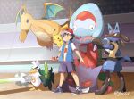  1boy ash_ketchum bangs baseball_cap black_hair blue_jacket brown_eyes closed_mouth dracovish dragonite gen_1_pokemon gen_4_pokemon gen_8_pokemon gengar hat highres holding holding_poke_ball jacket lucario male_focus mei_(maysroom) on_shoulder open_clothes open_jacket pikachu poke_ball poke_ball_(basic) pokemon pokemon_(anime) pokemon_(creature) pokemon_on_shoulder pokemon_swsh_(anime) shirt shoes short_sleeves shorts signature sirfetch&#039;d sleeveless sleeveless_jacket smile stadium standing t-shirt white_shirt 