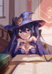  1girl absurdres black_hair book breasts breasts_apart dress english_commentary genshin_impact green_eyes hat head_rest highres long_hair looking_at_viewer mona_megistus pov_across_table purple_dress purple_headwear purple_sleeves small_breasts smile solo table twintails very_long_hair witch_hat yi_xiang_ren 