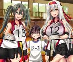  1boy 2girls ahoge alternate_costume ass_grab basketball_hoop black_shorts body_writing breasts brown_eyes brown_hair cowboy_shot green_eyes green_hair gym_shirt headband heart heart-shaped_pupils highres indoors kantai_collection large_breasts long_hair looking_at_viewer mirisha multiple_girls purple_eyes railing red_headband red_shorts shirt short_shorts shorts shorts_under_shorts shoukaku_(kancolle) sleeveless sleeveless_shirt small_breasts sportswear sweat symbol-shaped_pupils twintails volleyball volleyball_uniform white_hair window wooden_floor zuikaku_(kancolle) 