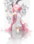  1girl absurdres artist_name bangs bare_shoulders breasts chi4 china_dress chinese_clothes closed_mouth crossed_legs demon_horns dress eyebrows flower highres horns lily_(flower) long_hair looking_at_viewer original pink_eyes pink_hair reflection signature sitting sleeveless small_breasts smile water_surface 