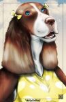  absurd_res anthro benjamin_ratterman bird_dog blue_eyes canid canine canis clothing day domestic_dog dress female hi_res hunting_dog looking_at_viewer mammal polka_dots sky smile smiling_at_viewer solo spaniel yellow_bow yellow_clothing yellow_dress 