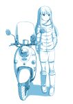  1girl boots full_body fur_trim ground_vehicle hair_down hand_in_pocket jacket limited_palette long_hair monochrome motor_vehicle sakaki_imasato scarf scooter shima_rin shoshinsha_mark solo white_background yamaha_vino yurucamp 